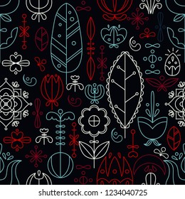 Vector seamless pattern in Scandinavian style. Flat style. Flowers and doodles.