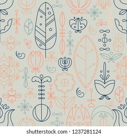 Vector seamless pattern in Scandinavian style. Line art. Flowers and doodles.