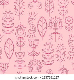 Vector seamless pattern in Scandinavian style. Flat style. Flowers and doodles.