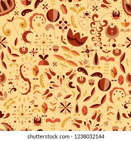 Vector seamless pattern in Scandinavian style. Flat style. Flowers and doodles.