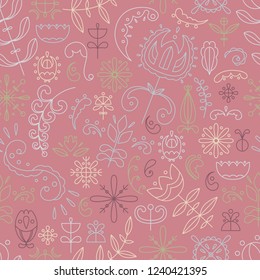 Vector seamless pattern in Scandinavian style. Flat style. Flowers and doodles.