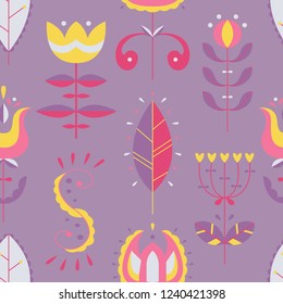 Vector seamless pattern in Scandinavian style. Flat style. Flowers and doodles.