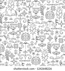 Vector seamless pattern in Scandinavian style. Line art. Flowers and doodles.