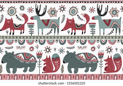 Vector seamless pattern in scandinavian style. Beautiful northern ornament with animals, flowers, plants, simbols. Endless Christmas winter background