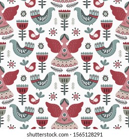 Vector seamless pattern in scandinavian style. Beautiful northern ornament with angels, birds, animals, flowers, plants. Endless Christmas winter background