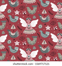 Vector seamless pattern in scandinavian style. Beautiful northern ornament with angels, birds, animals, flowers, plants. Endless Christmas background