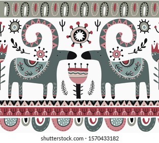  Vector sin fisuras en estilo escandinavo. Hermoso adorno norte con cabras, flores, plantas. Interminables antecedentes navideños