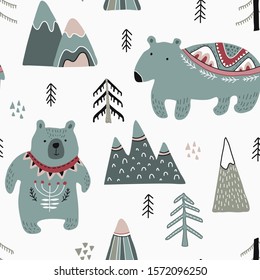 Vector seamless pattern in scandinavian style. Beautiful northern ornament with animals, trees, plants. Endless Christmas background