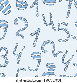 Vector seamless pattern in Scandinavian style. Cute cartoon blue and white numbers  from zero to nine, isolated on blue background. Hand drawn doodle illustration. Cute print.