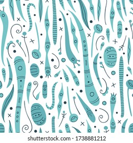 Vector seamless pattern in scandinavian style with abstract pattern, flowers and leaves.