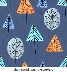 vector seamless pattern in scandinavian style, watercolor abstract trees and christmas trees with contour on a blue background, botanical ornament