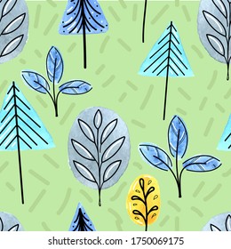 vector seamless pattern in Scandinavian style, watercolor abstract trees and Christmas trees with contour on a delicate green background, botanical ornament
