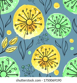 vector seamless pattern in scandinavian style, abstract yellow and green watercolor dandelions on a blue background, botanical ornament