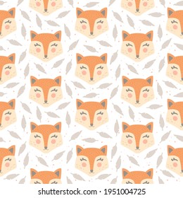 Vector seamless pattern. Scandinavian style illustration. Simple shapes with texture. The face of a cute fox and leaves. Print design for children's textiles. Abstract background with cute animals