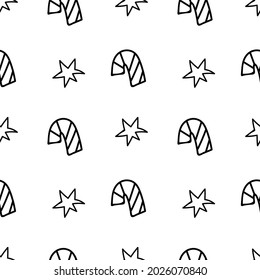 Vector seamless pattern with Scandinavian style snowflakes in black line on white isolated background.Winter,nordic,holiday hand drawn doodle style print.Designs for textiles,wrapping paper,packaging.