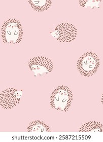 Vector seamless pattern in Scandinavian style with cute hand drawn Hedgehogs on pink background. Funny animal repeat pattern design for baby fabric.