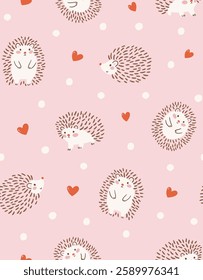 Vector seamless pattern in Scandinavian style with cute hand drawn Hedgehogs on beige background. Funny animal repeat pattern design for baby fabric.