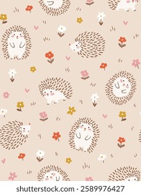 Vector seamless pattern in Scandinavian style with cute Hedgehogs and flowers on beige background. Funny animal repeat pattern design for baby fabric.