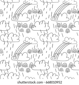 Vector seamless pattern in the Scandinavian style with clouds and sun.