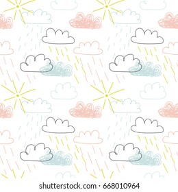 Vector seamless pattern in the Scandinavian style with clouds and sun.