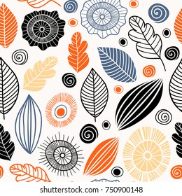 Vector seamless pattern in Scandinavian style with flowers and leaves