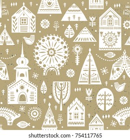 Vector seamless pattern in Scandinavian style on a winter city theme. Beige and whte colors.