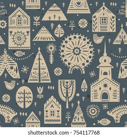 Vector seamless pattern in Scandinavian style on a winter city theme. Beige and blue colors.