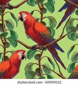 Vector seamless pattern with scarlet macaw and plants on green background. EPS8 file.