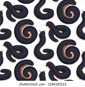 Vector seamless pattern with scary centipedes on white background. Texture with cartoon  julida. Fabric with millipede insect. Wallpaper with insect with a chitinous shell. 
