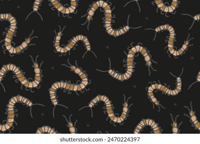 Vector seamless pattern with scary centipedes on the black background. Texture with cartoon julida. Fabric with millipede insect.