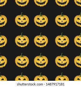 Vector seamless pattern with scary Halloween pumpkins on black background. Halloween design for greeting card, gift box, fabric, web design.