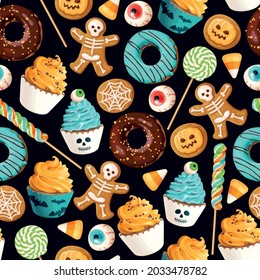 Vector seamless pattern with scary Halloween sweets on black background