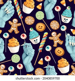 Patrón vectorial sin fisuras con temibles dulces de Halloween sobre fondo negro