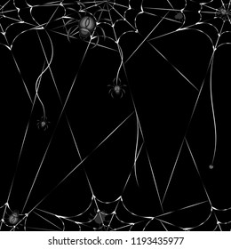 Vector seamless pattern. Scary spiders on the web. Black background.