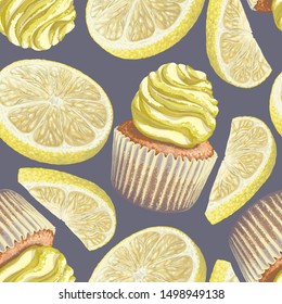 Vector of seamless pattern scattered lemons, crumbly gentle wet biscuit cupcakes, stunning cream soft air cheese cream, beige color, taste lemon. Light paper cake mold got wet from the cake juiciness