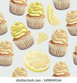 Vector of seamless pattern scattered lemons, crumbly gentle wet biscuit cupcakes, stunning cream soft air cheese cream, beige color, taste lemon. Light paper cake mold got wet from the cake juiciness