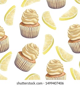 Vector of seamless pattern scattered lemons, crumbly gentle wet biscuit cupcakes, stunning cream soft air cheese cream, beige color, taste vanilla. Light paper cake mold got wet of the cake juiciness