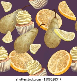 Vector of seamless pattern scattered oranges, lemons, pears, crumbly gentle wet biscuit cupcakes, stunning cream soft air cheese cream, beige color, taste vanilla. Light paper cake mold wet from cake
