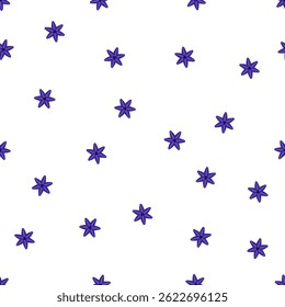Vector seamless pattern with scattered purple eight-pointed stars on a clean white background, ideal for playful prints and wrapping paper.