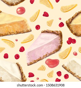 Vector seamless pattern of scattered ripe raspberry, oranges pieces, cheesecake cake, spilled jam, tender, tasty creamy-curd cheese. Crisp, crumbly cake with back, realistic, cottage cake, hand-drawn