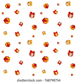 Vector seamless pattern of scattered rotating gift boxes. Gold, foil red, tan cardboard presents tied with a ribbons and bows. Repeating cute cartoon presents of different sizes on a white background.