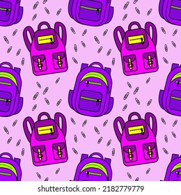 Vector seamless pattern with school backpacks 
 bright colors. School supplies. Ideal for children's posters, packaging, textiles, web design, postcards.