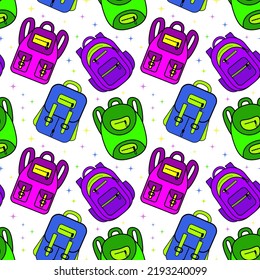 Vector seamless pattern with school backpacks 
 bright colors. School supplies. Ideal for children's posters, packaging, textiles, web design, postcards.