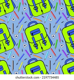 Vector seamless pattern with school backpacks 
 bright colors. School supplies. Ideal for children's posters, packaging, textiles, web design, postcards.