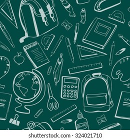Vector seamless pattern School blackboard with chalk sketches. Book, ruler, pencil, pen, eraser, protractor, globe, scissors and other hand drawn doodle objects on dark green background.