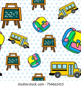 Vector seamless pattern with school bus, chalkboard and backback