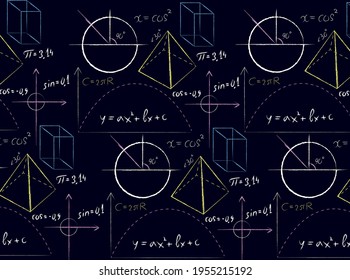 Vector Seamless Pattern With School Chalk Mathematical Formula. Handwritten White Trigonometry. Mathematical Art Design. Science Wallpaper