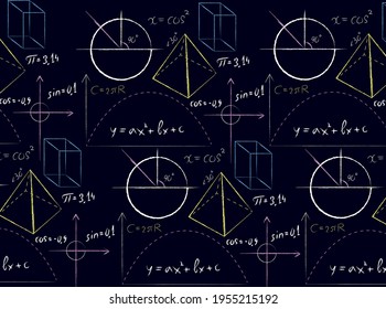 Vector seamless pattern with school chalk mathematical formula. Handwritten white trigonometry. Mathematical art design. Science wallpaper