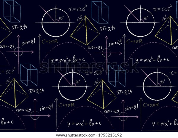 Vector seamless pattern with school chalk\
mathematical formula. Handwritten white trigonometry. Mathematical\
art design. Science\
wallpaper