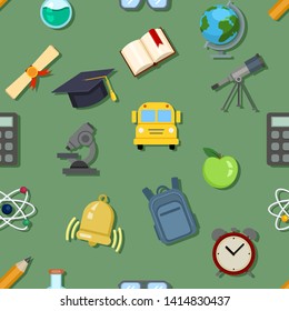 Vector Seamless Pattern of School Color Icons on Green Background